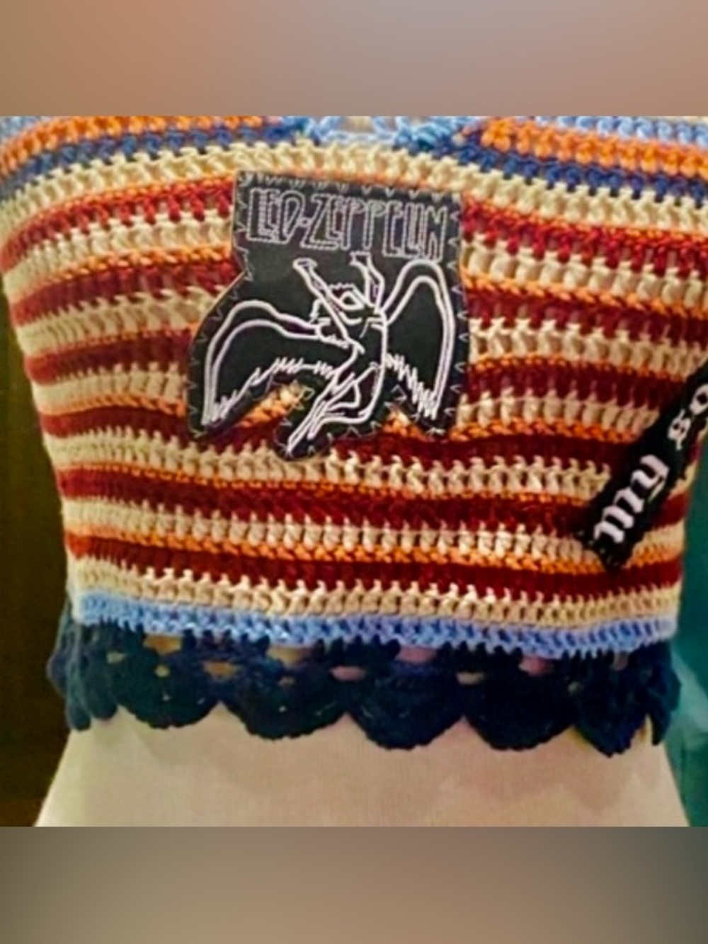 Custom Led Zeppelin VTG. 70’s Patch/Crochet Halter Top, Lace up,Adjustable Sz. - Picture 2 of 4